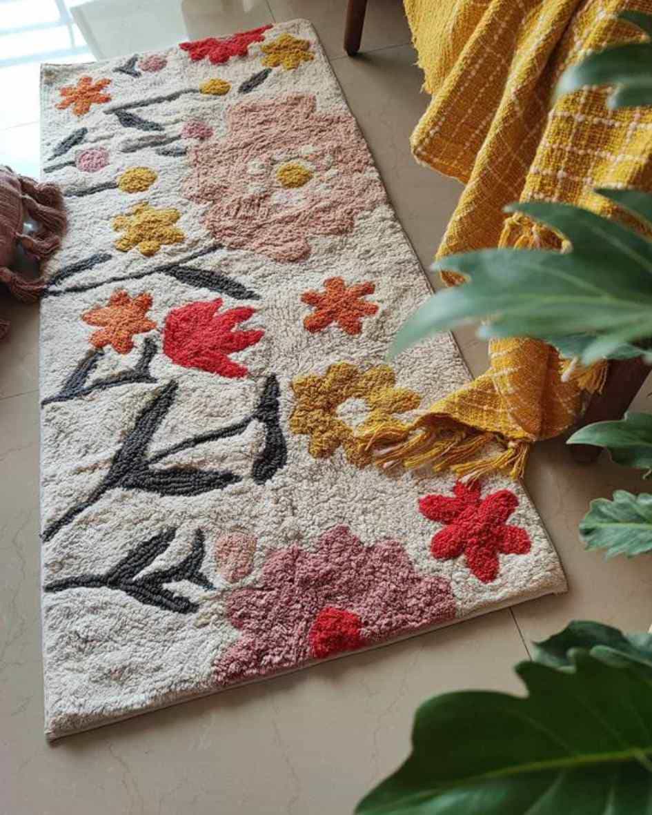 Flat lay showcasing the Blossom Trail Rug’s geometric tufted design and artisanal, free-spirited boho vibe.

