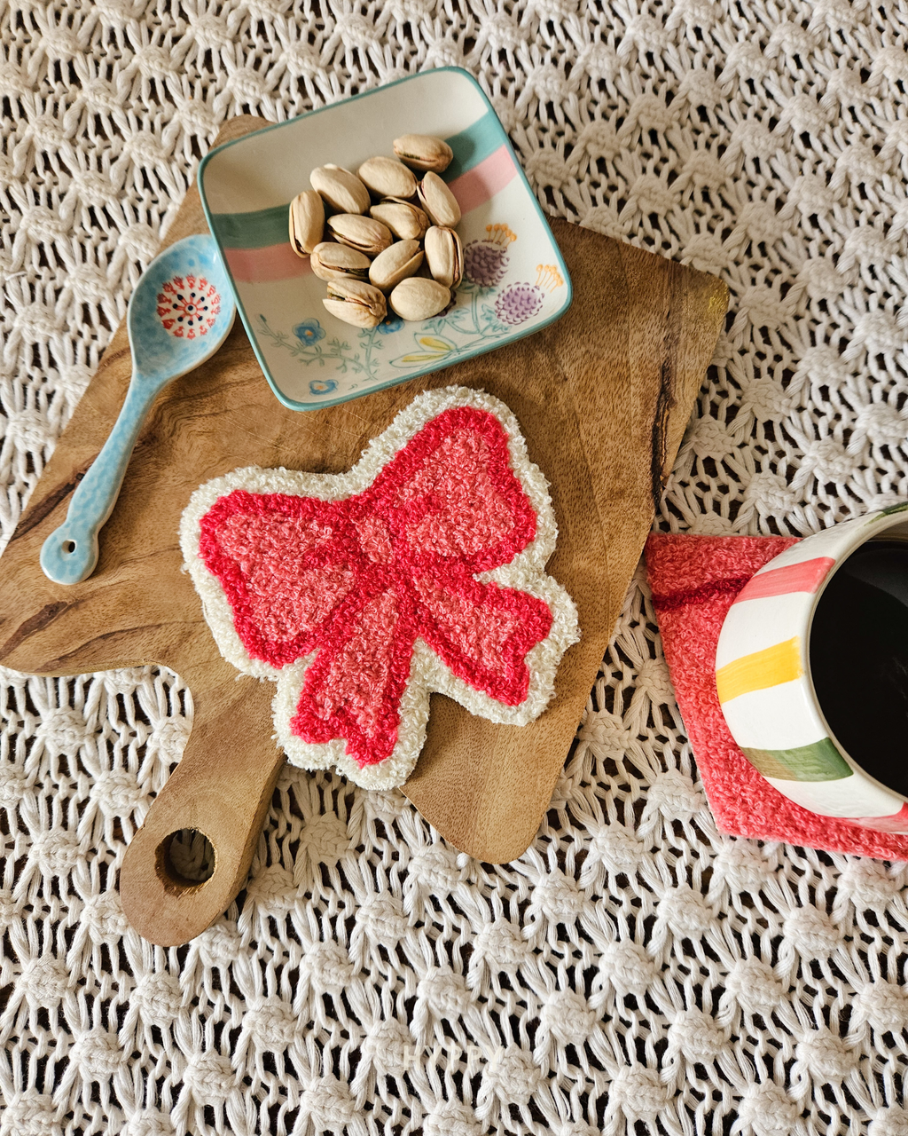The Bow Beauty Mug Rug — boho mug rug coaster, handcrafted in India by Hyppy