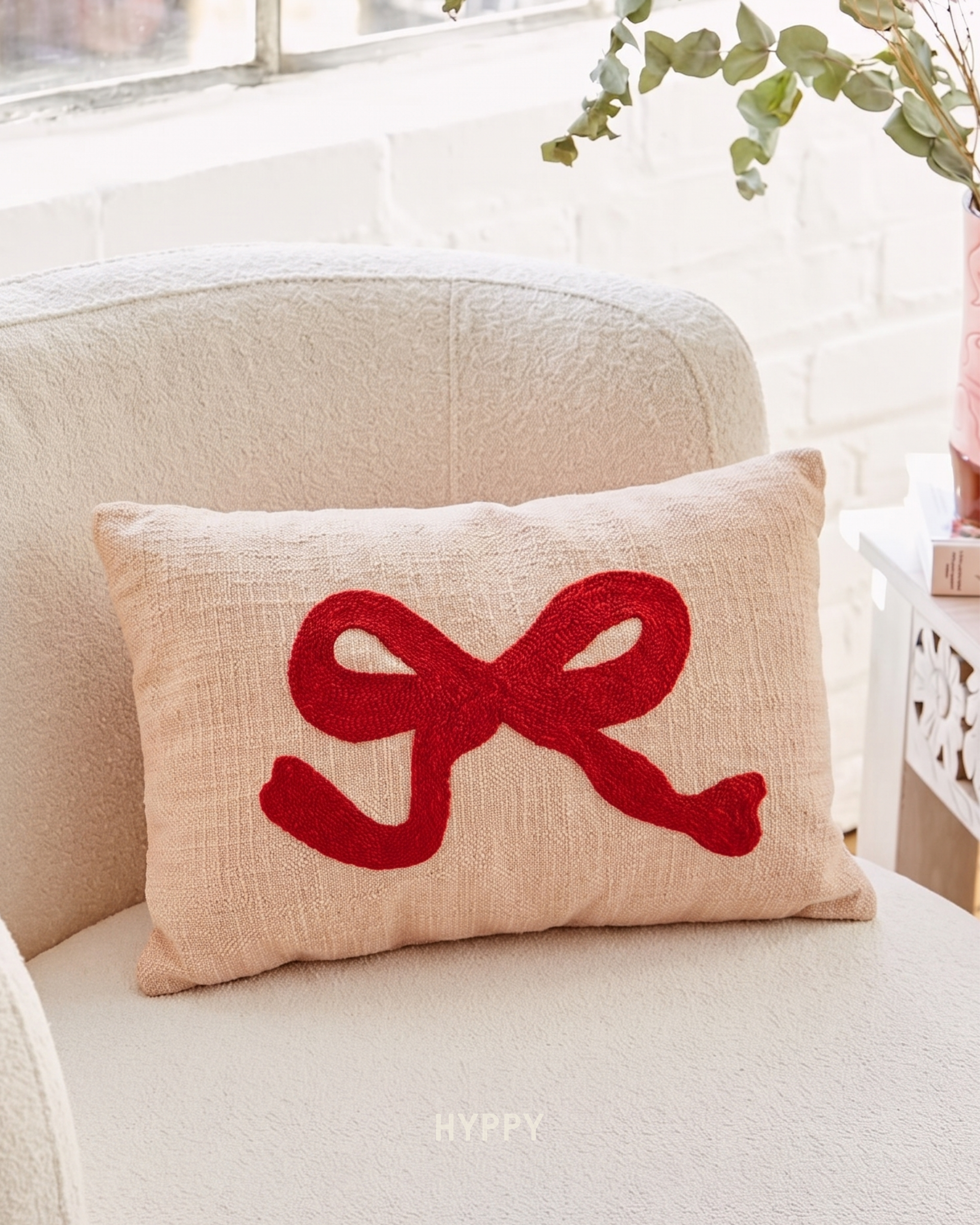 Cherry Bow Embroidered Cushion Cover