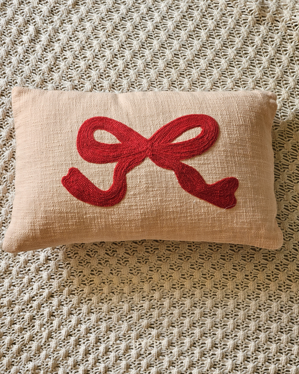 Cherry Bow Embroidered Cushion Cover
