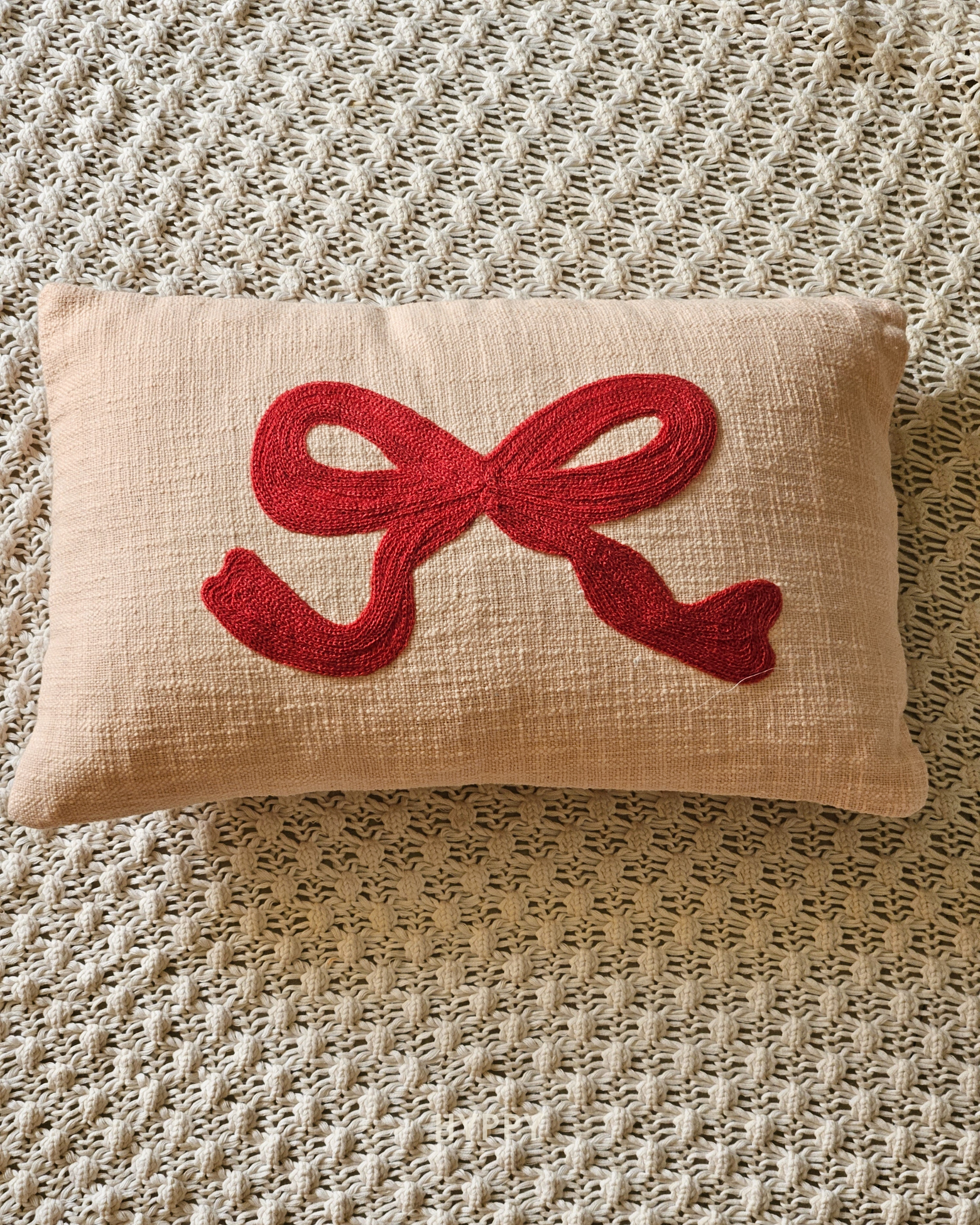 Cherry Bow Embroidered Cushion Cover