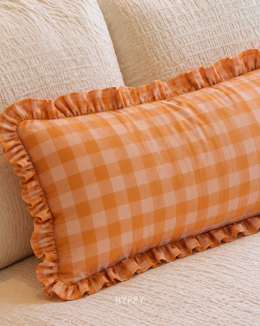 Peachy Gingham Ruffle Lumbar Cushion Cover