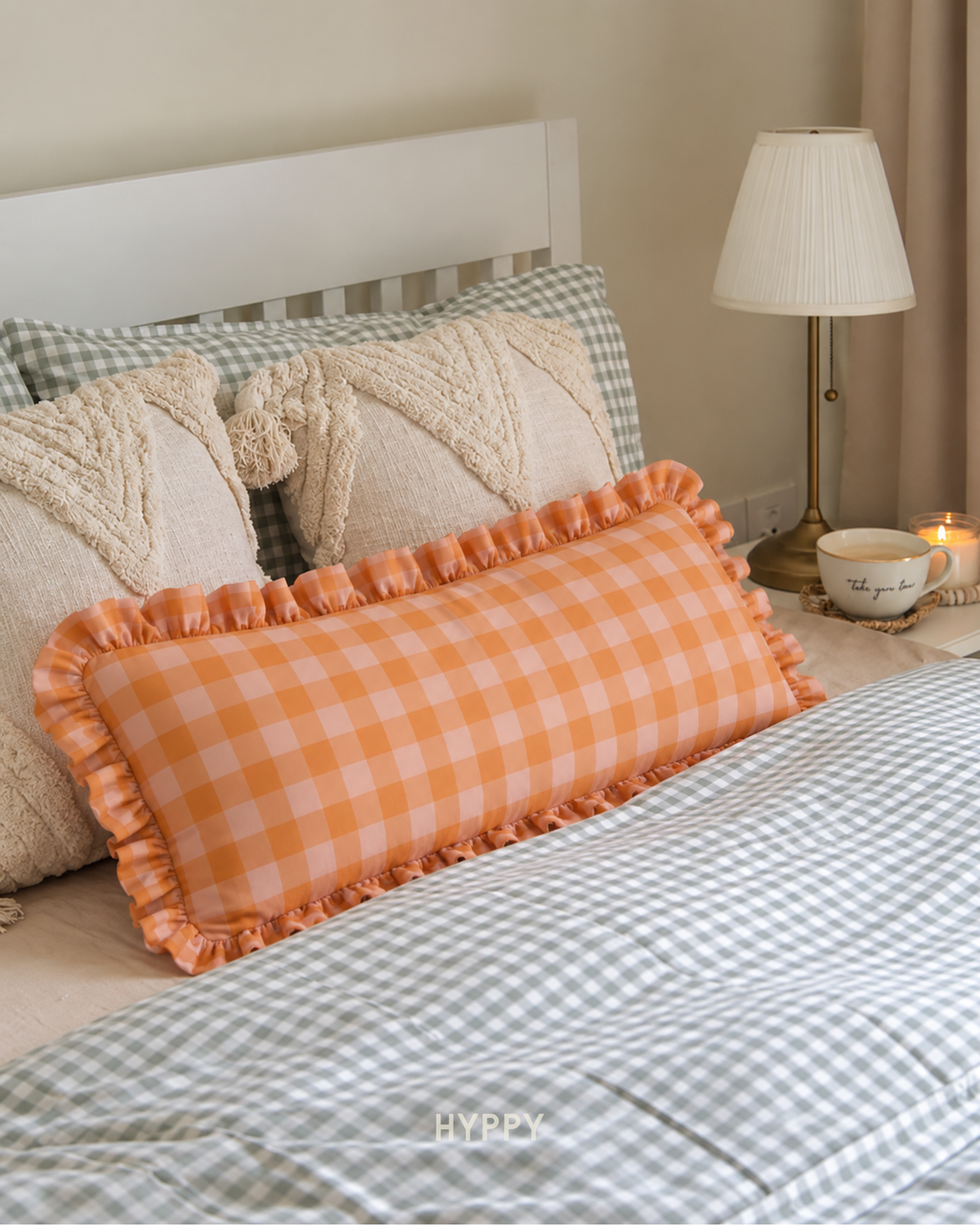 Peachy Gingham Ruffle Lumbar Cushion Cover
