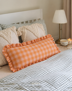 Peachy Gingham Ruffle Lumbar Cushion Cover