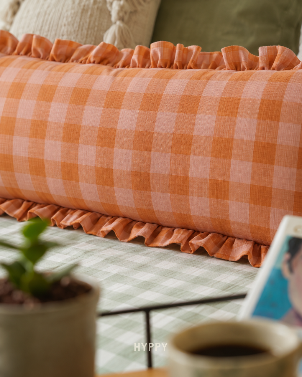 Peachy Gingham Ruffle Lumbar Cushion Cover