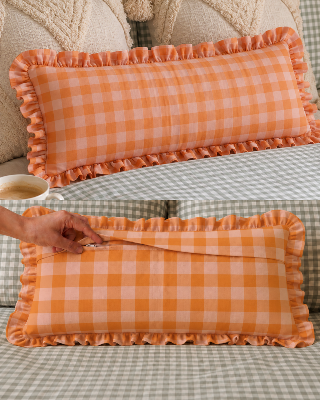 Peachy Gingham Ruffle Lumbar Cushion Cover
