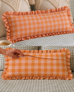 Peachy Gingham Ruffle Lumbar Cushion Cover
