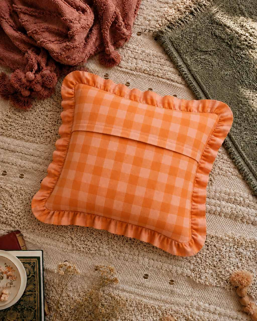 Peachy Gingham Ruffle Cushion Cover
