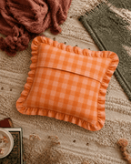 Peachy Gingham Ruffle Cushion Cover — boho cushion cover, handcrafted in India by Hyppy