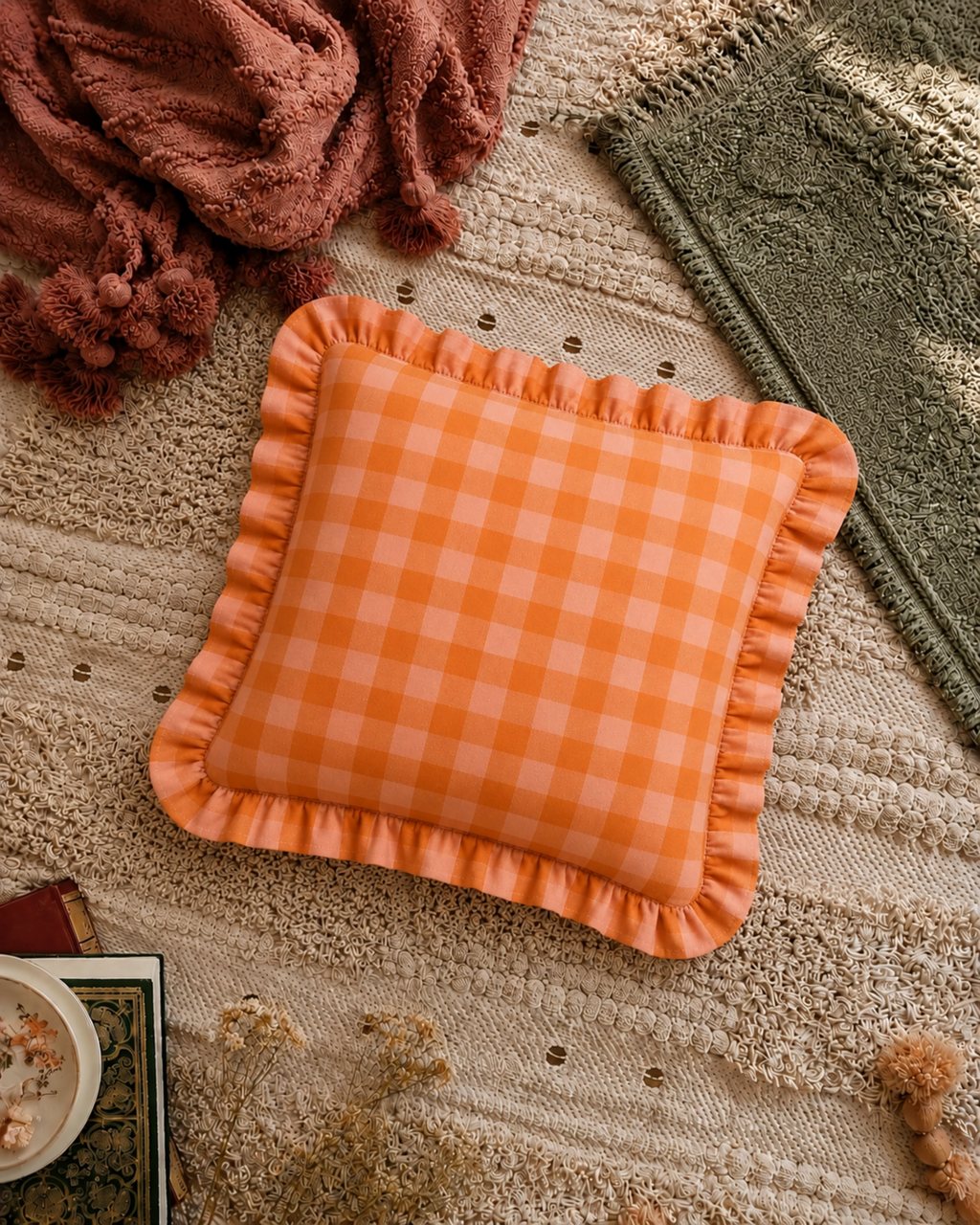 Peachy Gingham Ruffle Cushion Cover
