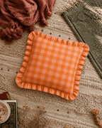 Peachy Gingham Ruffle Cushion Cover — boho cushion cover, handcrafted in India by Hyppy