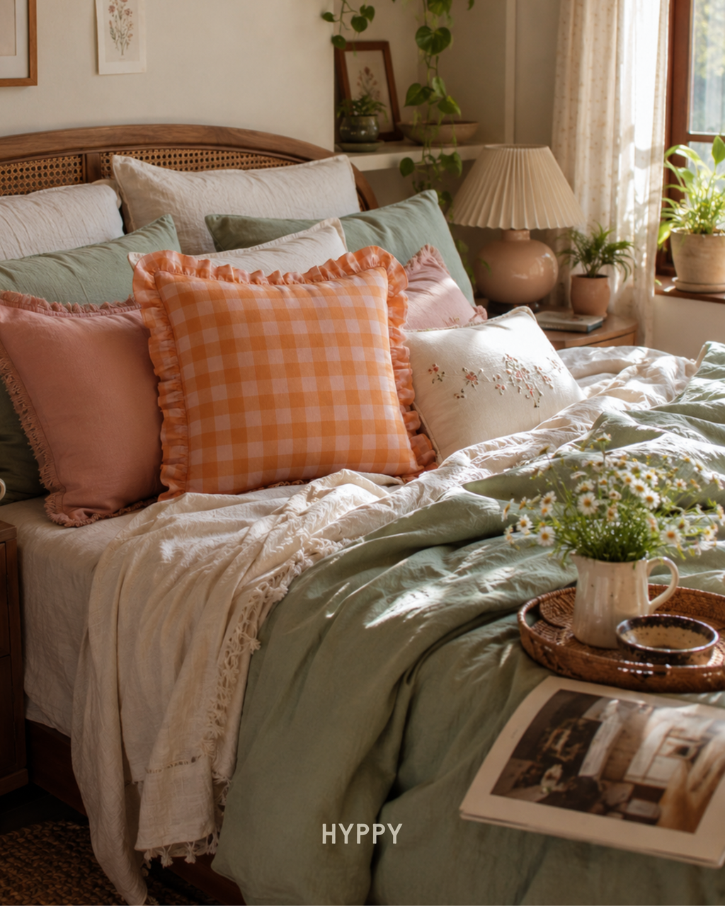 Peachy Gingham Ruffle Cushion Cover