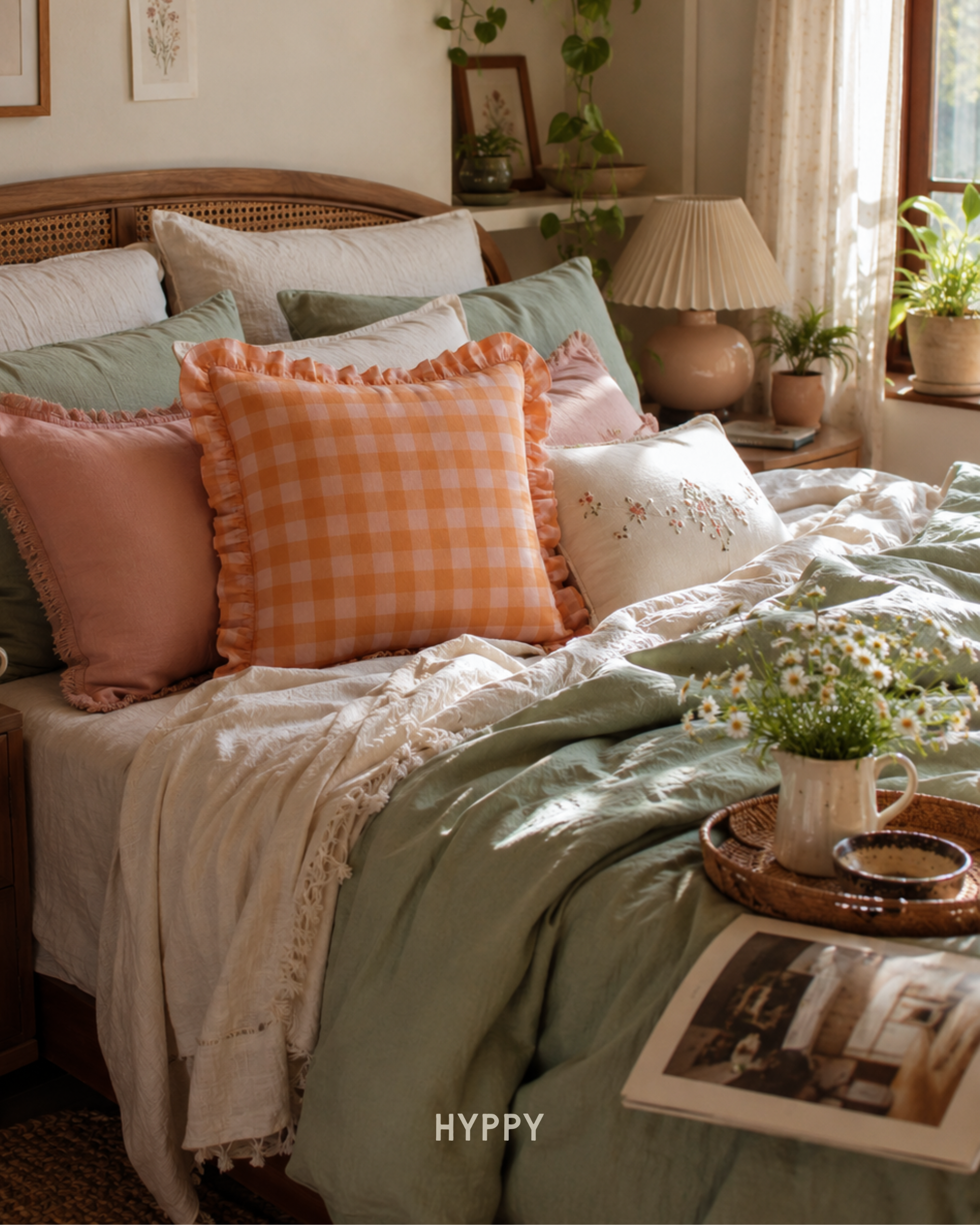 Peachy Gingham Ruffle Cushion Cover