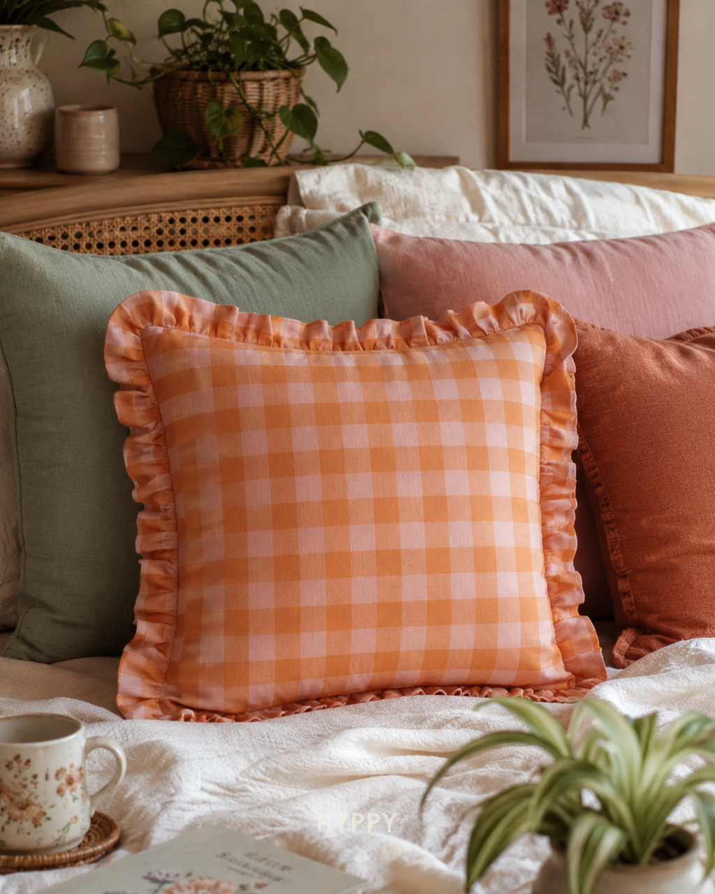 Peachy Gingham Ruffle Cushion Cover