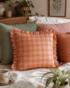 Peachy Gingham Ruffle Cushion Cover — boho cushion cover, handcrafted in India by Hyppy