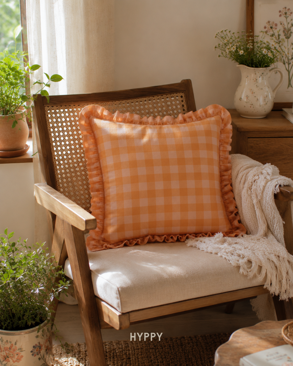 Peachy Gingham Ruffle Cushion Cover