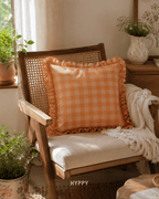Peachy Gingham Ruffle Cushion Cover — boho cushion cover, handcrafted in India by Hyppy