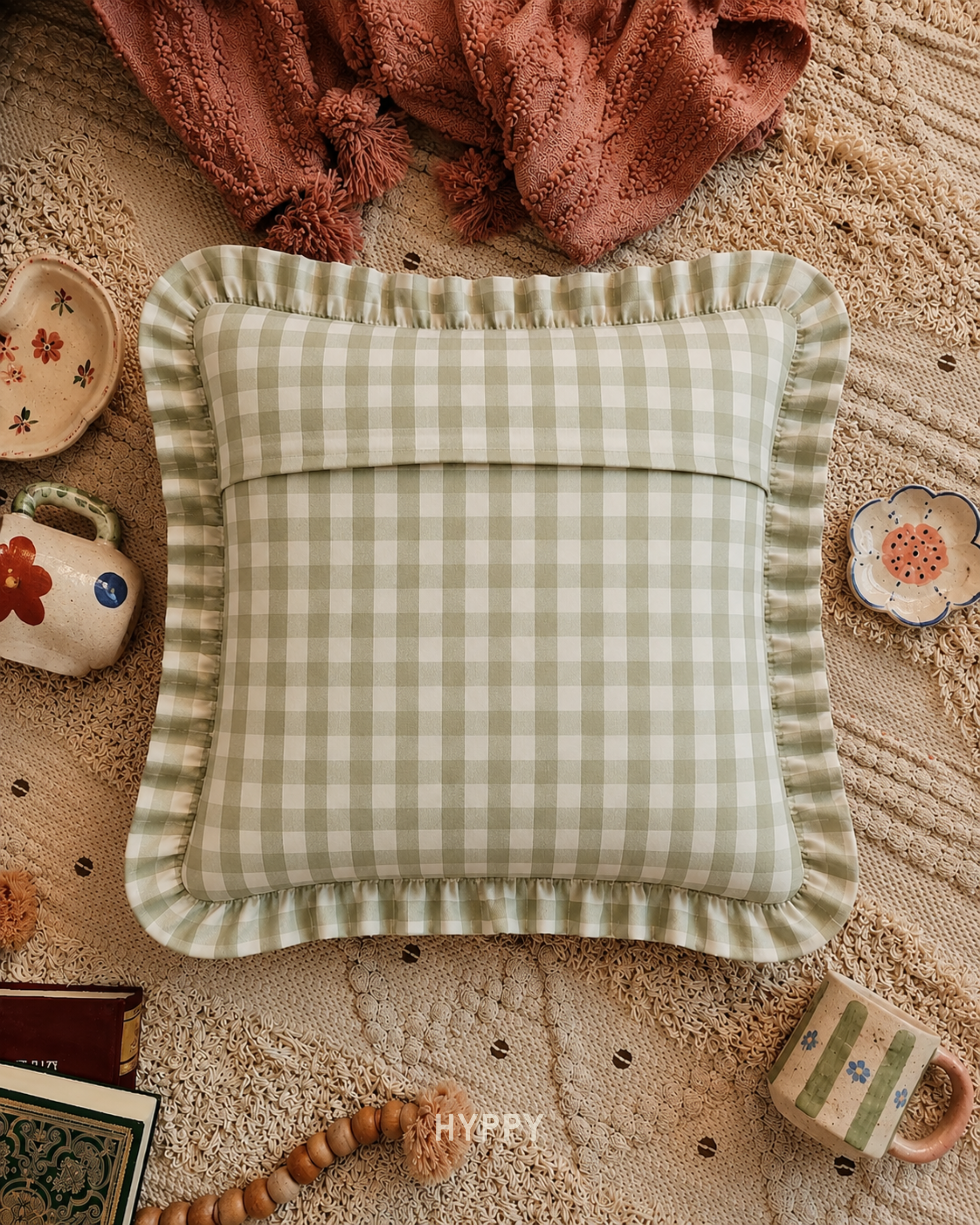 Lush Gingham Ruffle Cushion Cover