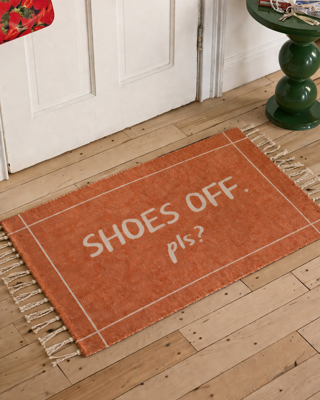 Shoes Off Pls Chenille Mat — boho rug, handcrafted in India by Hyppy
