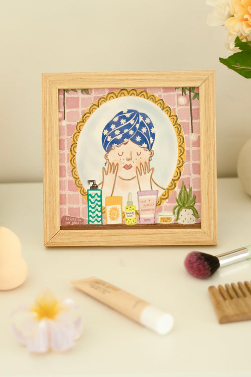 "Minimalist AM PM art print with black line illustrations of a coffee mug and skincare bottles on a white background."

