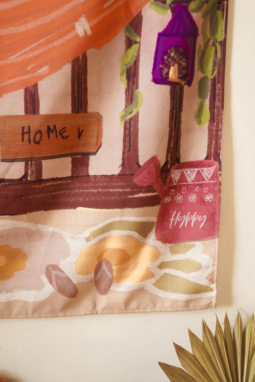 Detailed close-up of black line art featuring croissants, records, coffee cups, and self-care doodles on soft cotton fabric.

