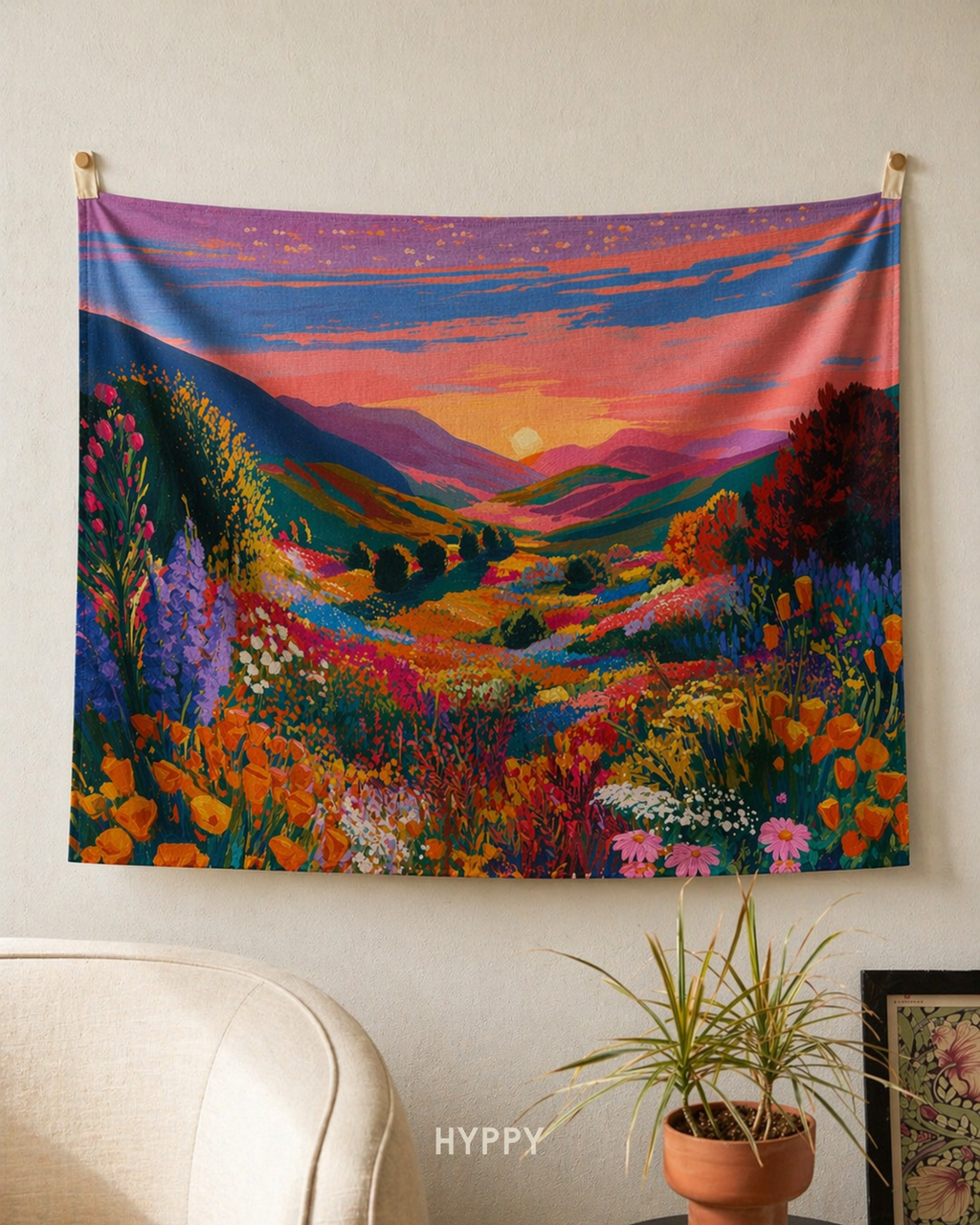 Golden Meadow Escape Tapestry — boho wall tapestry, handcrafted in India by Hyppy